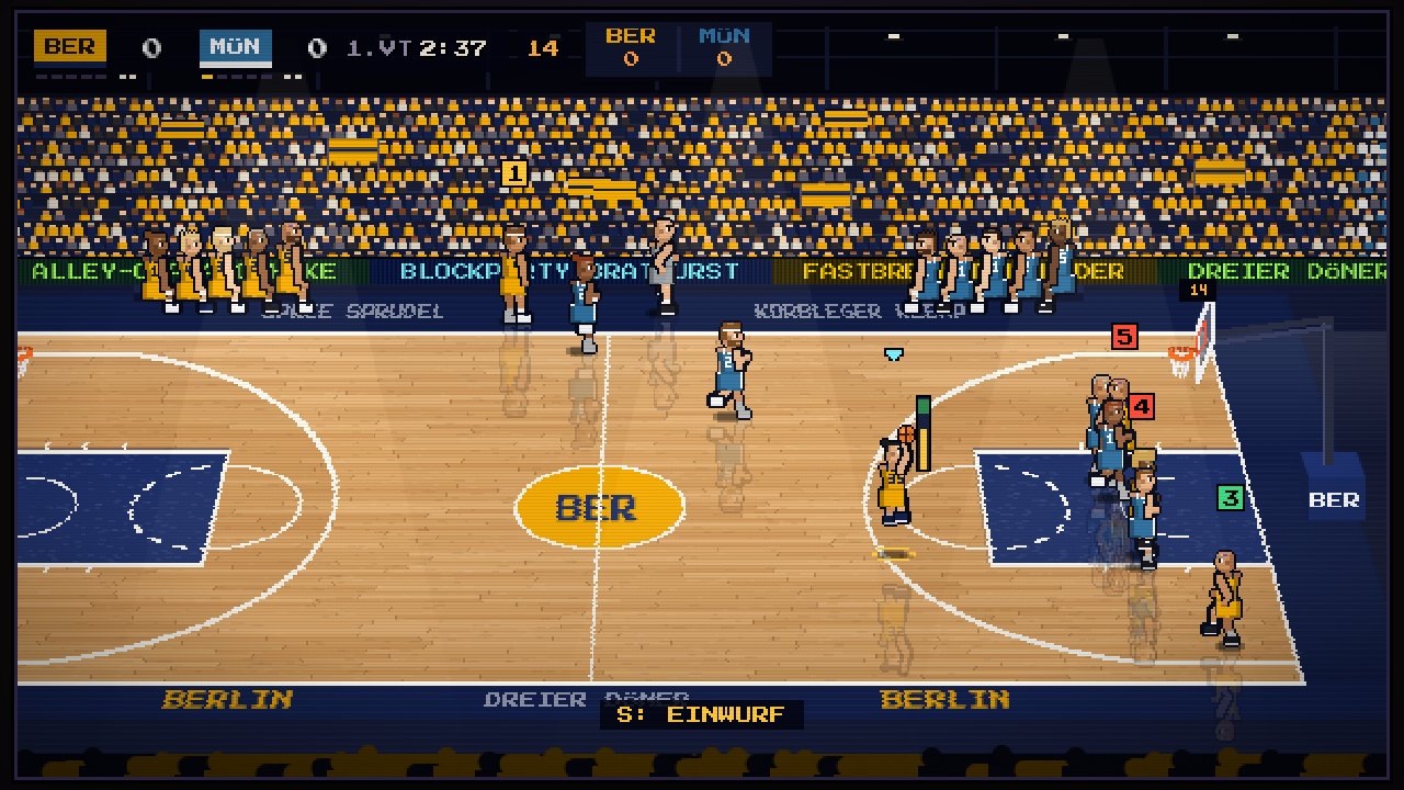 Sprungwurf mit Timing-Anzeige in der Pixel-Halle, Pass-Symbole über den Mitspielern