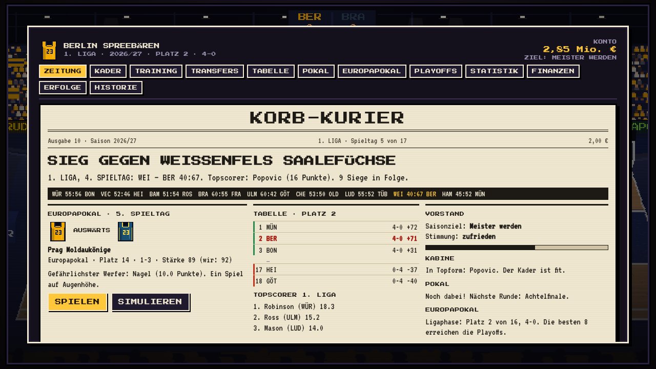 Der Korb-Kurier mit Schlagzeile, Ergebnis-Ticker, Tabelle und nächstem Gegner